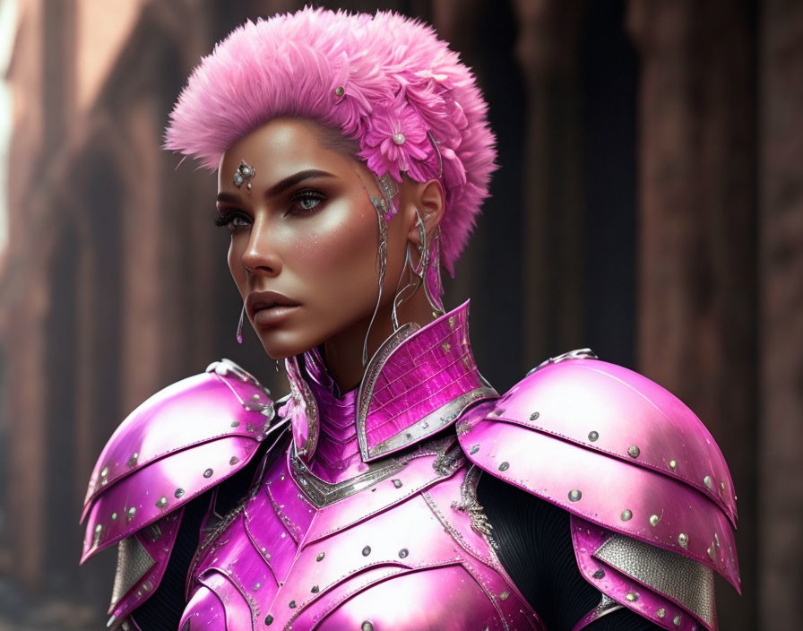 Digital Artwork: Woman in Pink Armor with Forest Background