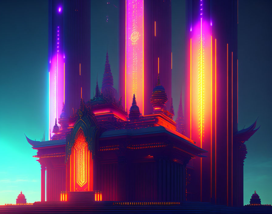 Futuristic cityscape with neon lights and traditional architecture