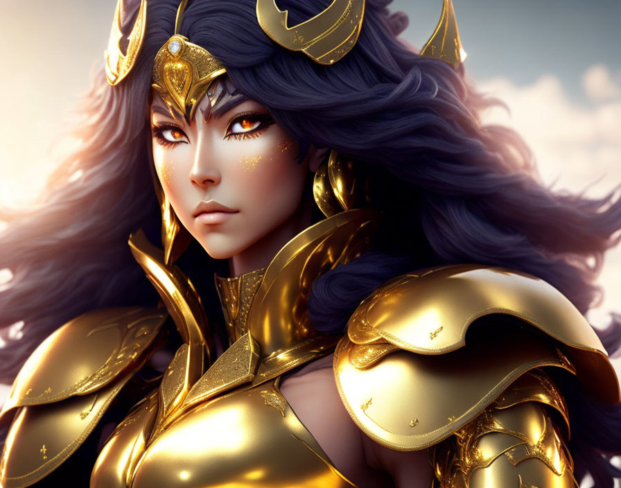 Illustrated woman with purple hair and golden armor in determined pose