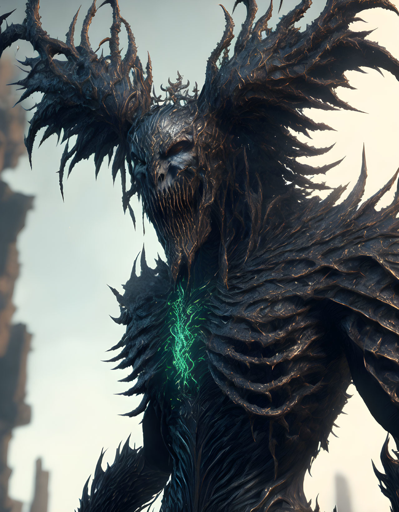 Monstrous figure with feathered wings and glowing green sigils