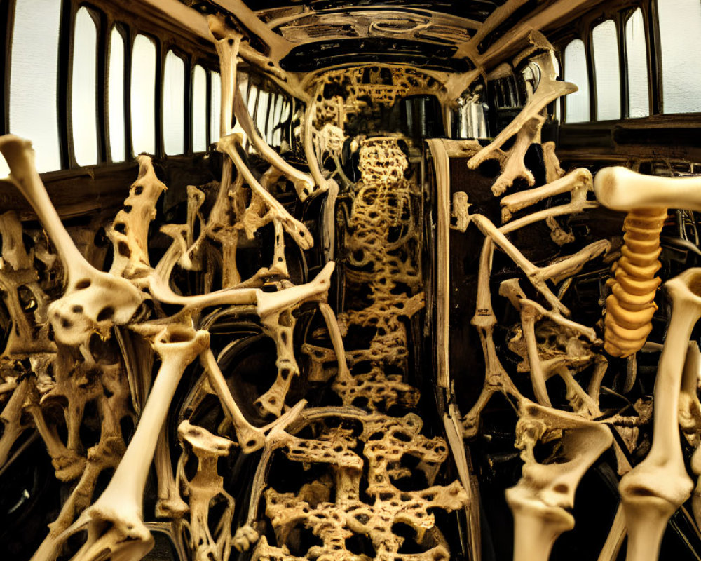 Vintage Car Interior Filled with Bones and Skeletons