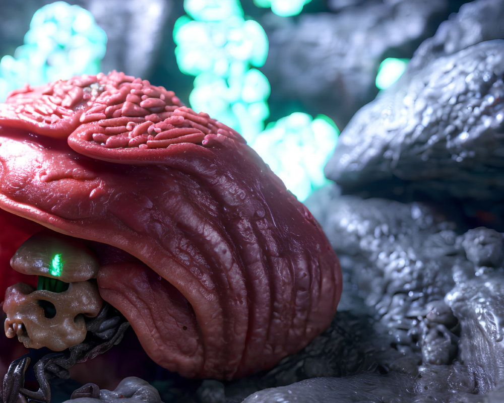 Detailed Red Alien Creature with Brain-like Texture in Bioluminescent Environment