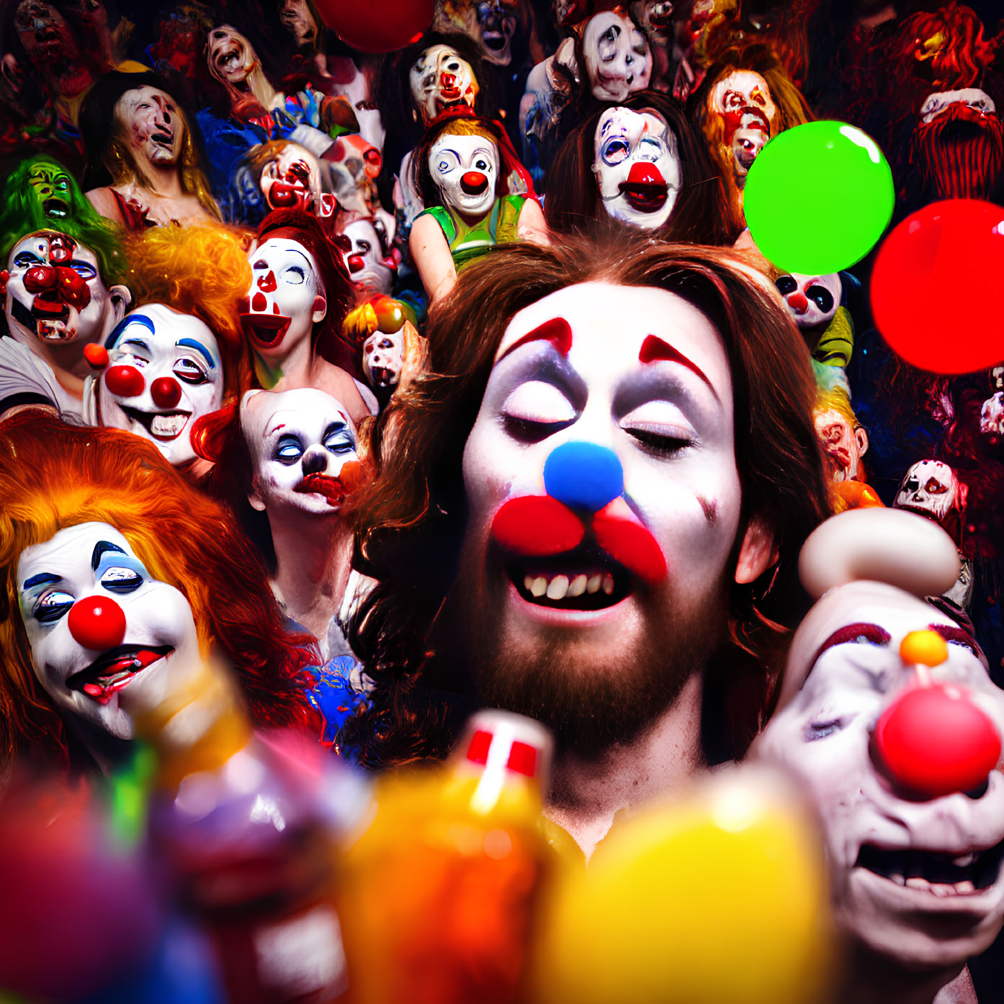 Person with clown face paint among colorful masks and balloons