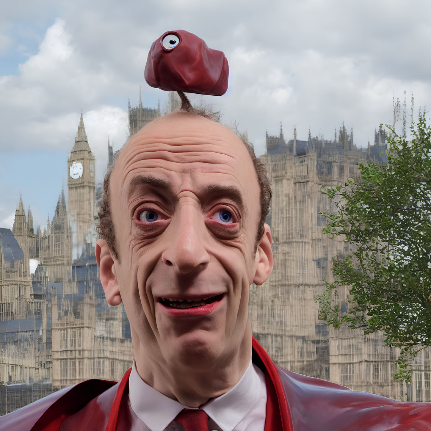 Exaggerated smile man with duck on head and red tie in front of Houses of Parliament