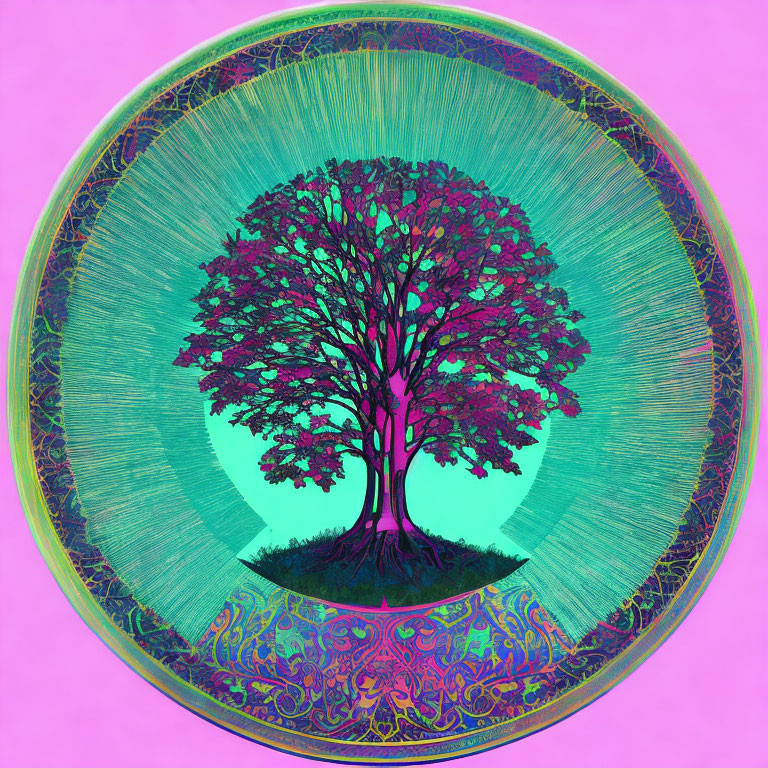 Colorful Tree Illustration in Teal and Purple Circular Frame on Pink Background