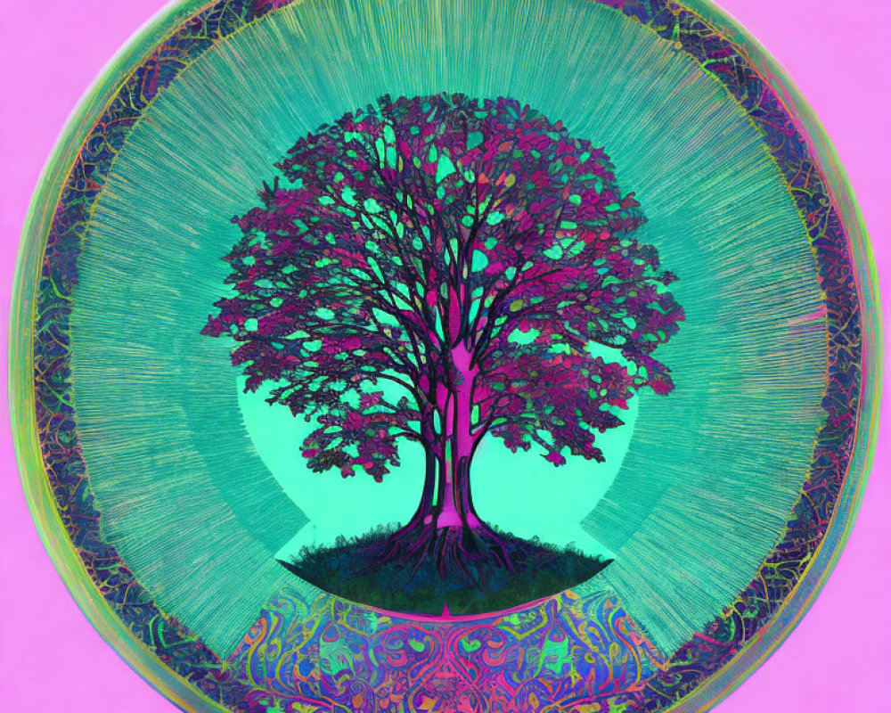 Colorful Tree Illustration in Teal and Purple Circular Frame on Pink Background