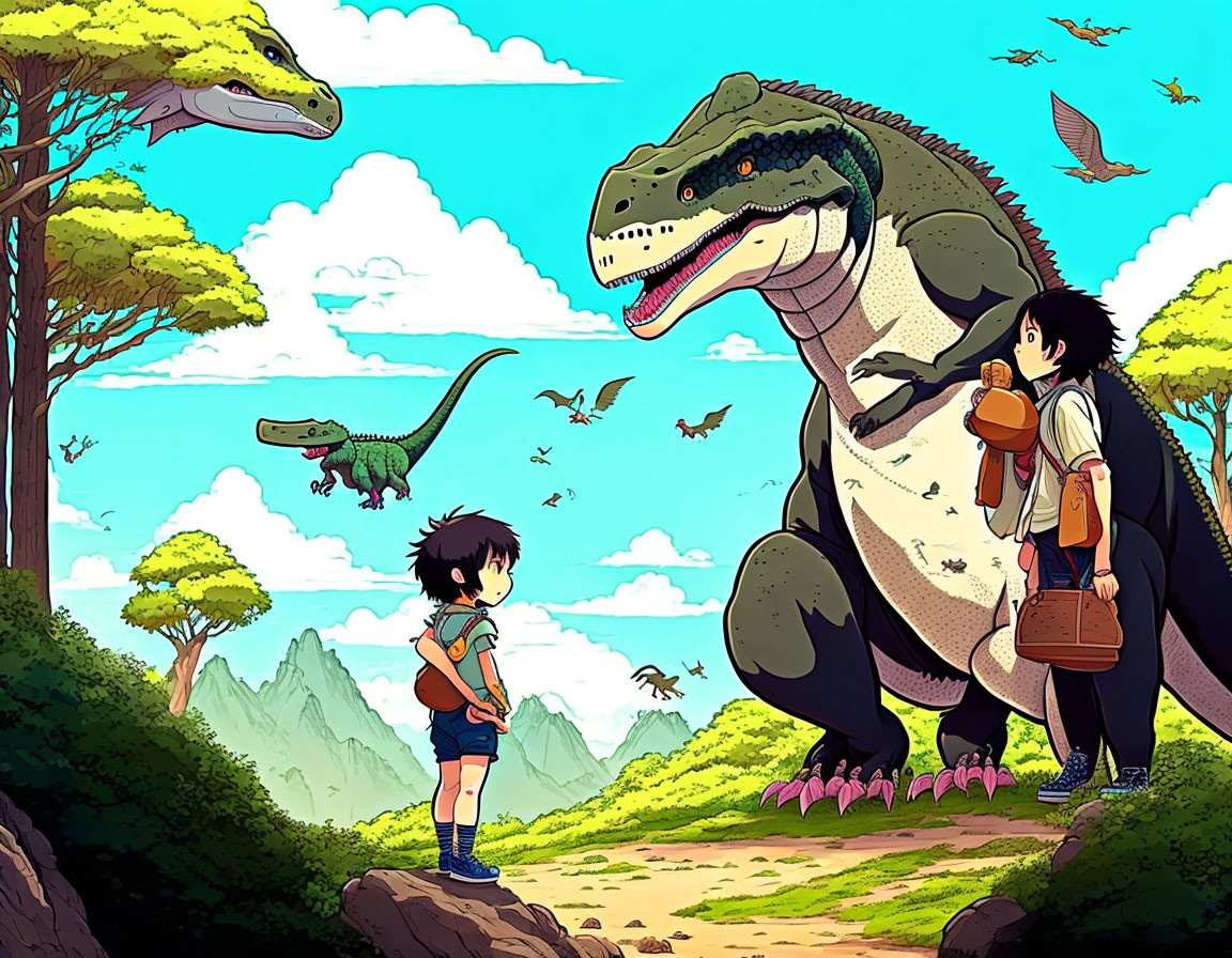 Colorful prehistoric scene with boy, woman, dinosaurs, and lush greenery