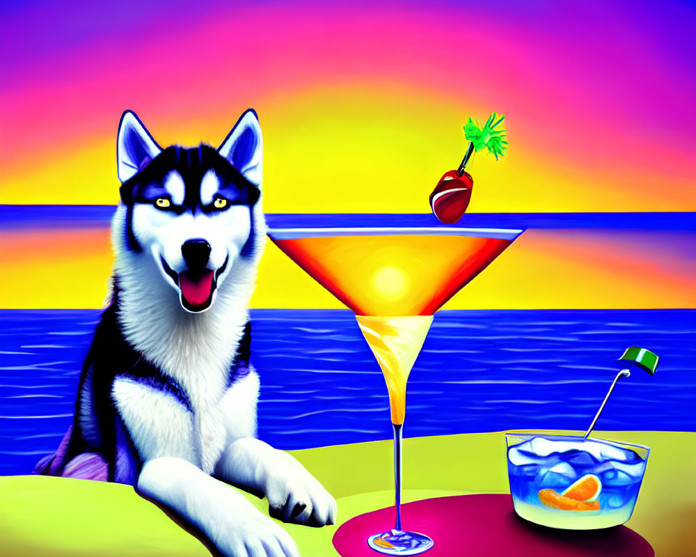 Siberian Husky with cocktail on beach at sunset