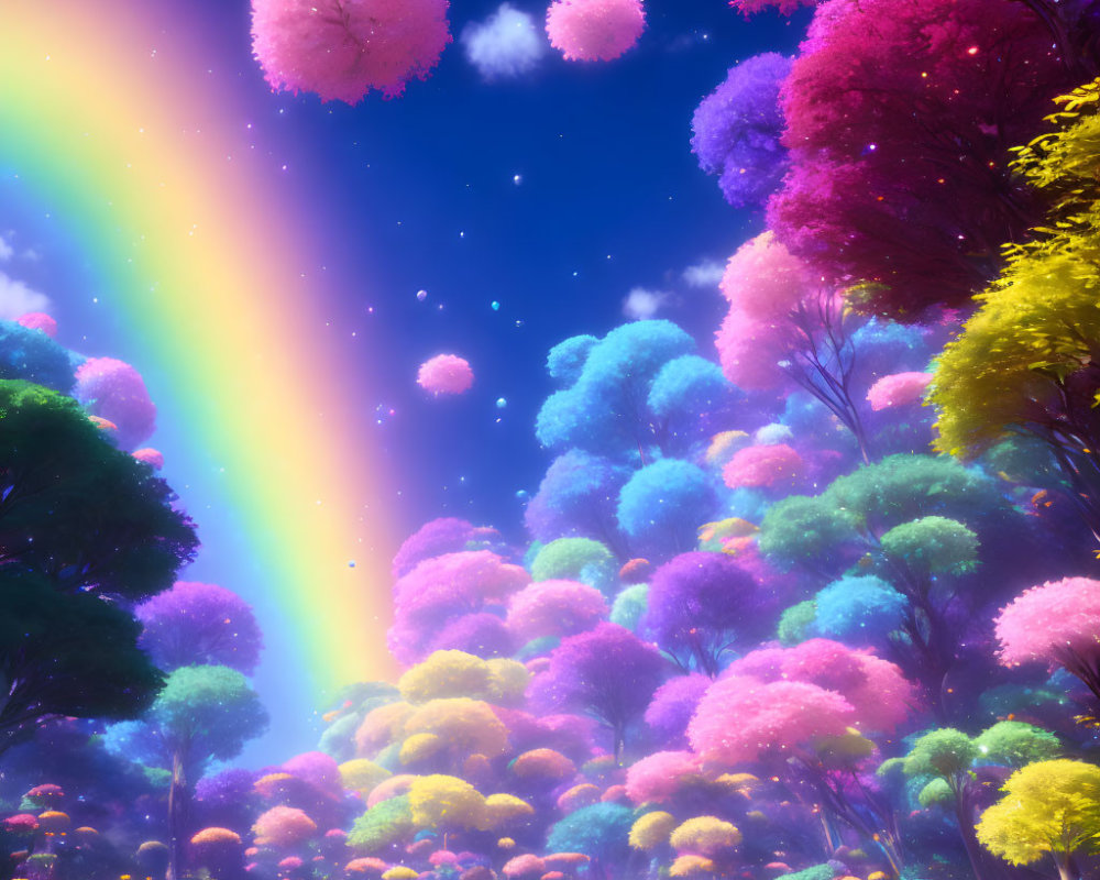 Colorful trees, glowing orbs, rainbow, and starlit sky in a fantastical landscape