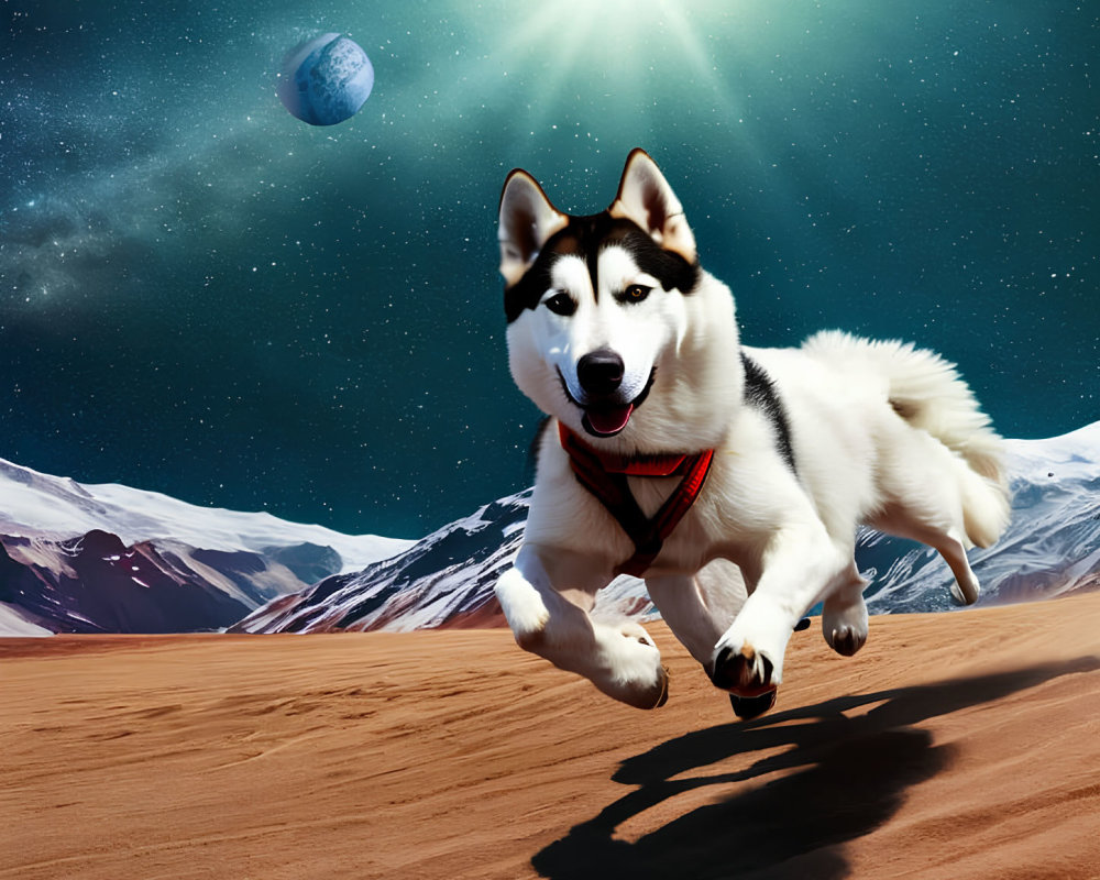 Siberian Husky Running on Mars-Like Terrain with Cosmic Sky