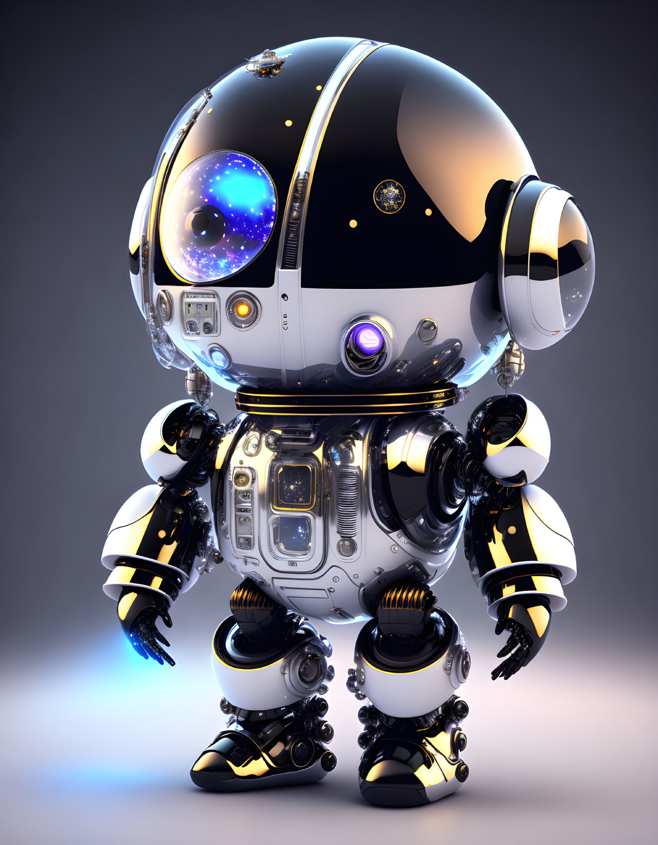 Futuristic robot with glass-dome head and cosmic scenes on silver body