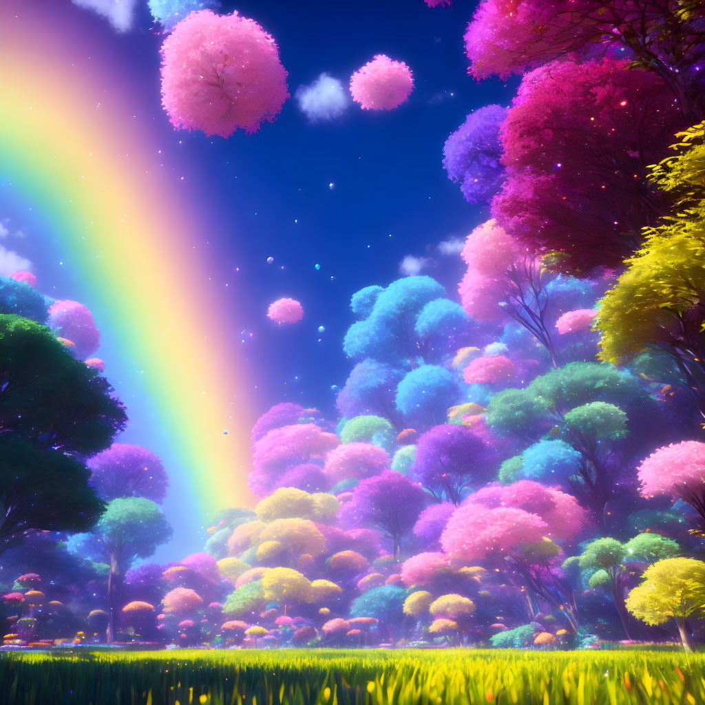 Colorful trees, glowing orbs, rainbow, and starlit sky in a fantastical landscape