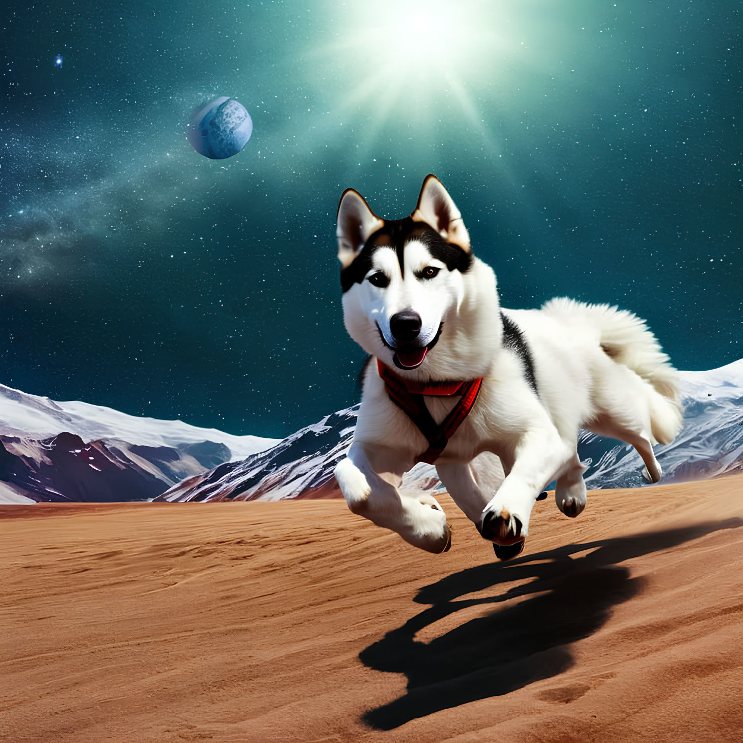 Siberian Husky Running on Mars-Like Terrain with Cosmic Sky