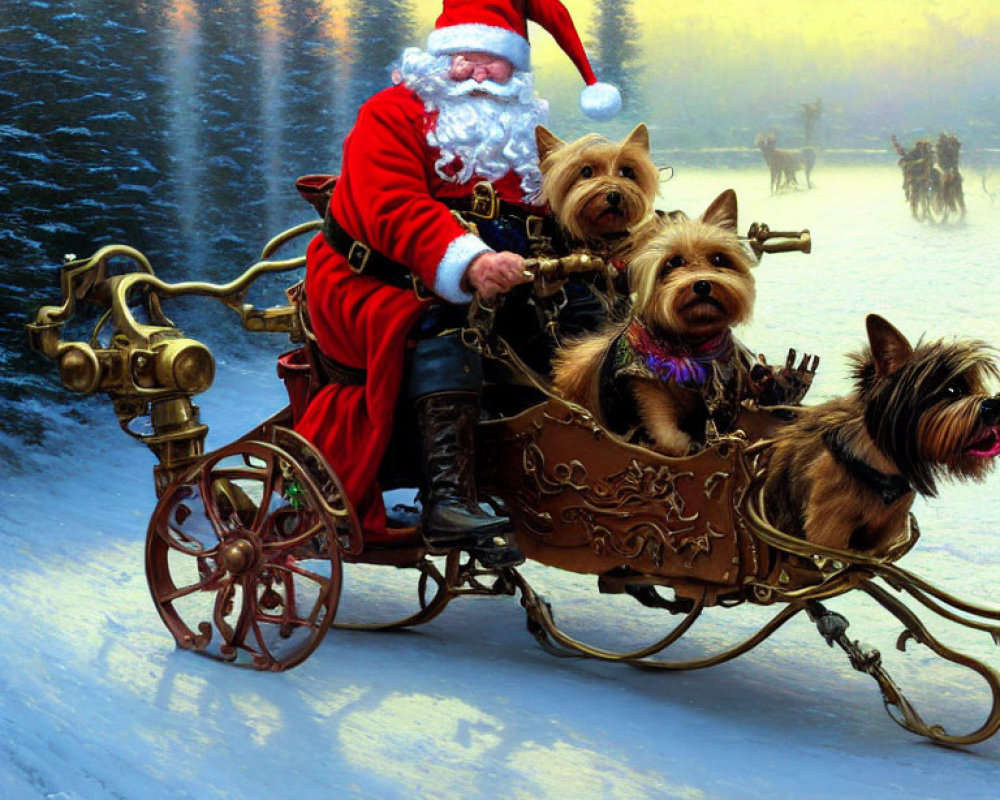 Vintage sleigh pulled by small dogs in snowy landscape with reindeer