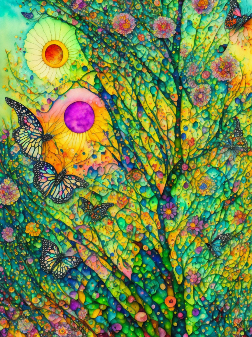 Colorful Abstract Painting with Tree-like Forms and Butterflies