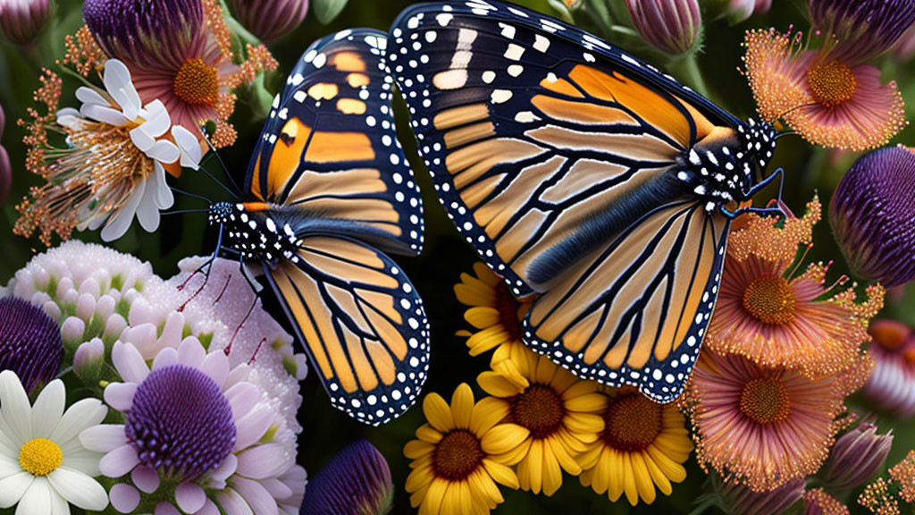 Orange and black monarch butterflies on vibrant flowers with daisies and coneflowers