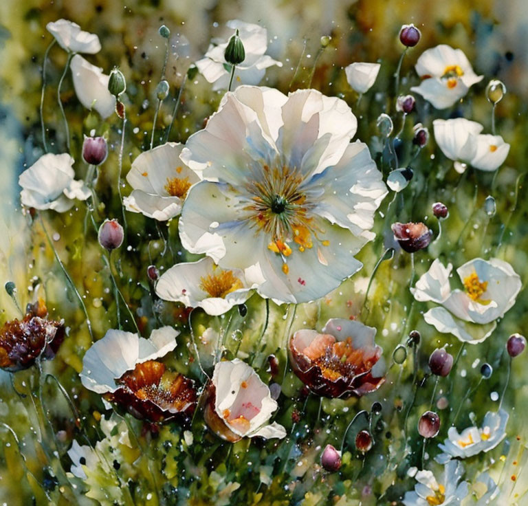 White Poppy Painting with Water Drops and Greenery