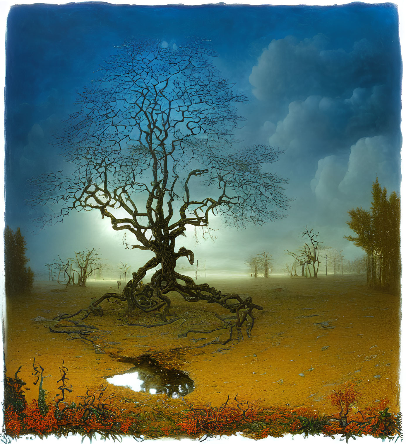 Surreal landscape painting: twisted tree, vibrant colors, looming cloud