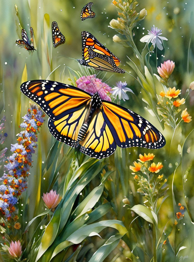 Colorful monarch butterflies in a meadow with wildflowers and sunlight