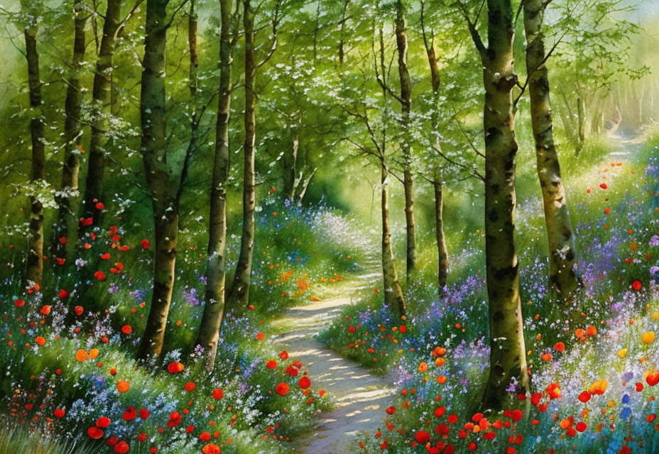 Tranquil woodland path with sunlight, green trees, and wildflowers