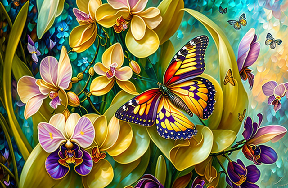 Colorful painting: Yellow butterfly on golden orchids, small butterflies, bokeh background