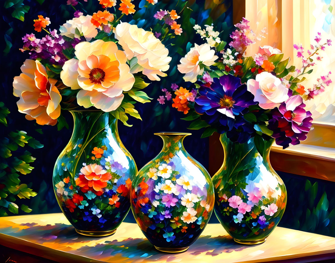 Colorful Floral-Patterned Vases in Sunlit Setting