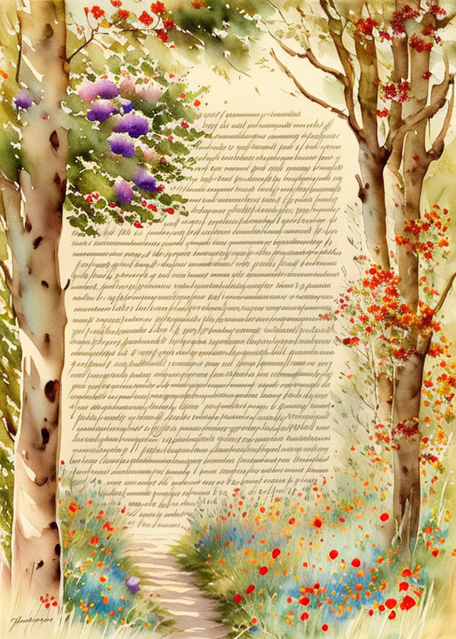 Whimsical forest path with handwritten text and colorful flowers