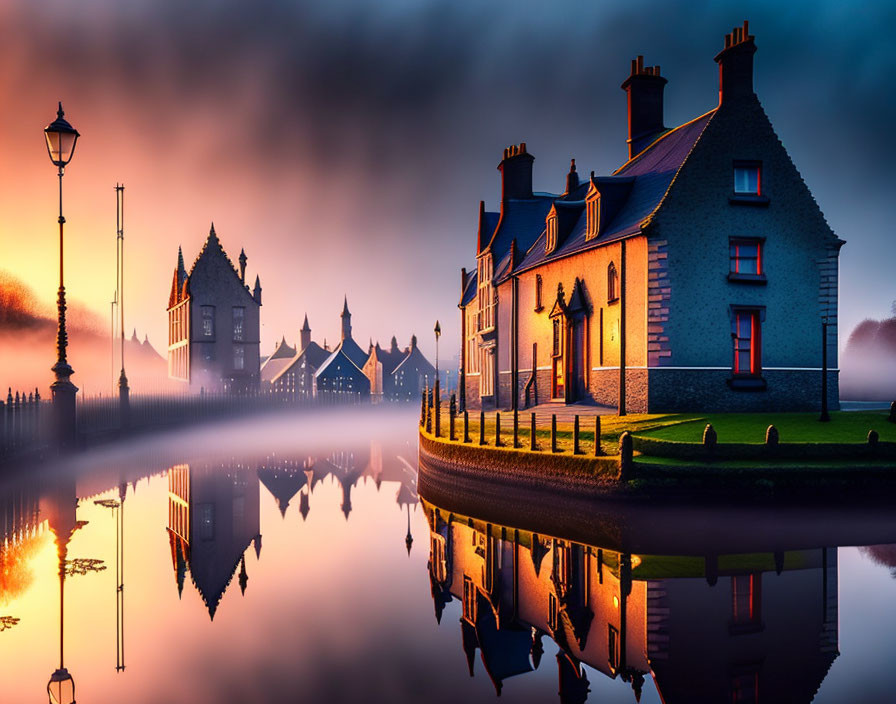 Warmly Lit House by Calm River at Dawn or Dusk Sky