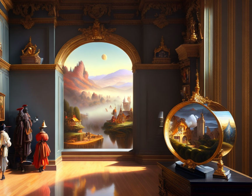 Luxurious room with people in historical clothing observing surreal landscape through archway and glass sphere.