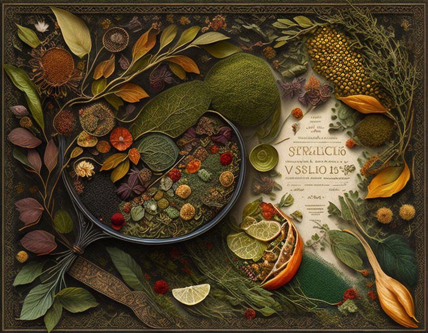 Detailed still life with fruits, nuts, foliage, and dark bowl.