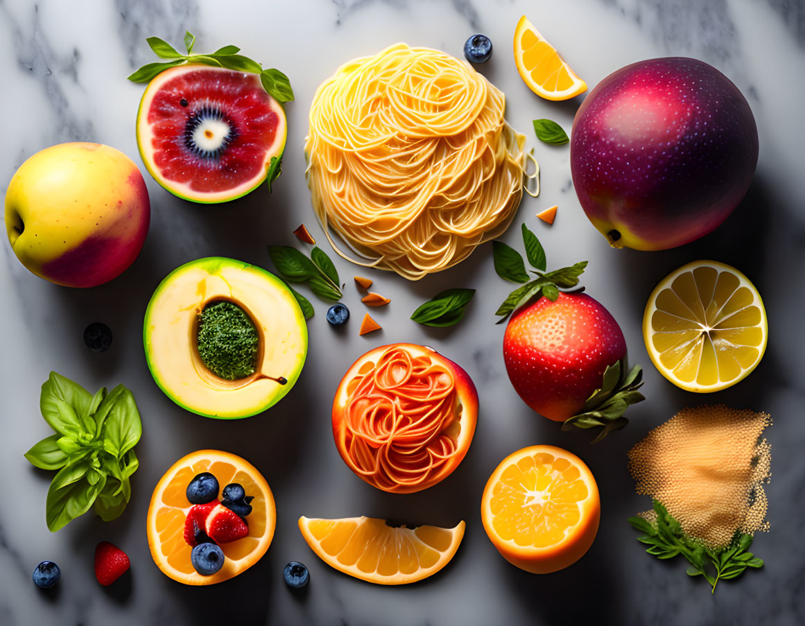 Fresh Fruit and Pasta on Marble with Citrus, Berries, Avocado, and Herbs