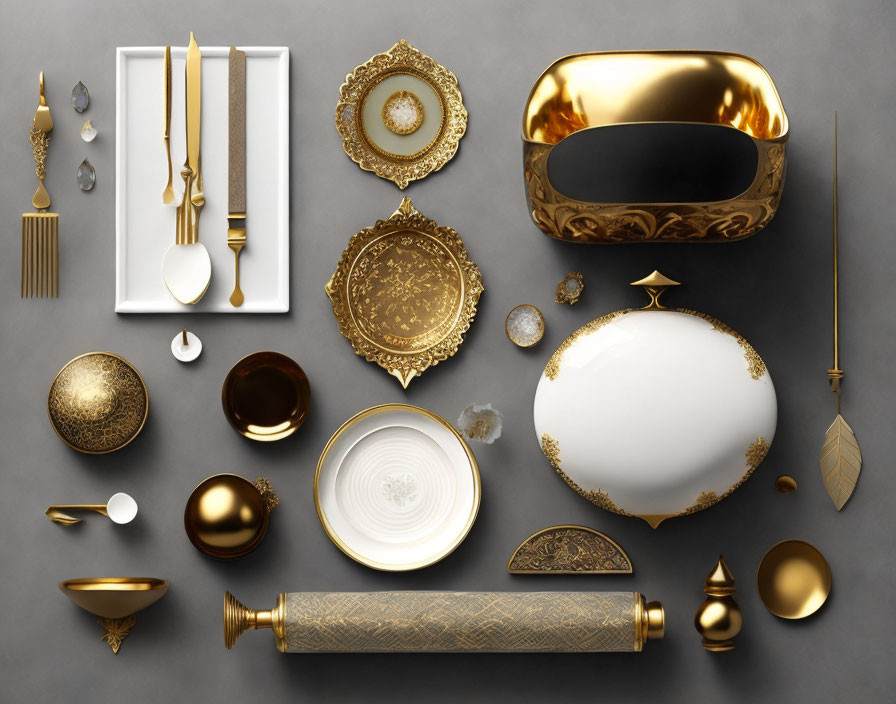 Luxurious Gold Tableware and Decor on Gray Background