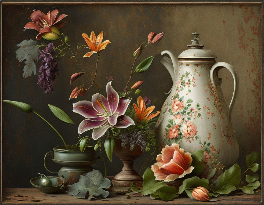 Vintage teapot with floral design, lilies, leaves, and green cup on textured backdrop