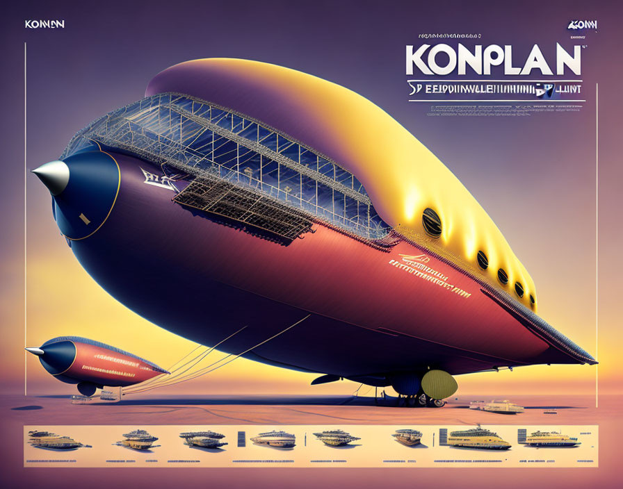 Vintage-style retro-futuristic airship concept poster with schematic views