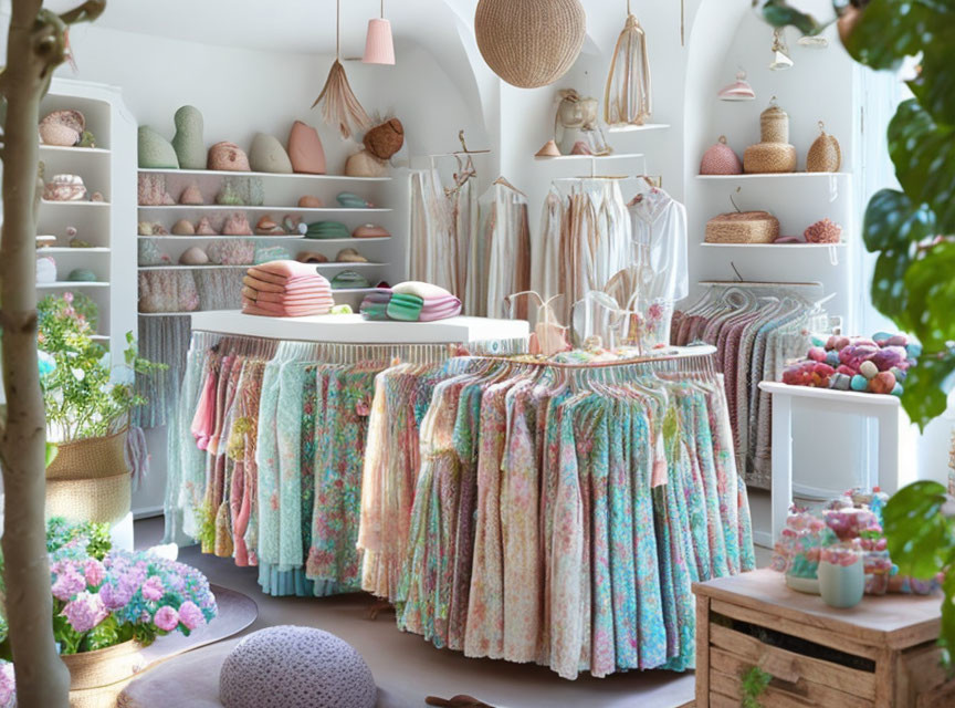 Floral dresses, pastel decor, wooden crate, and potted flowers in cozy boutique.