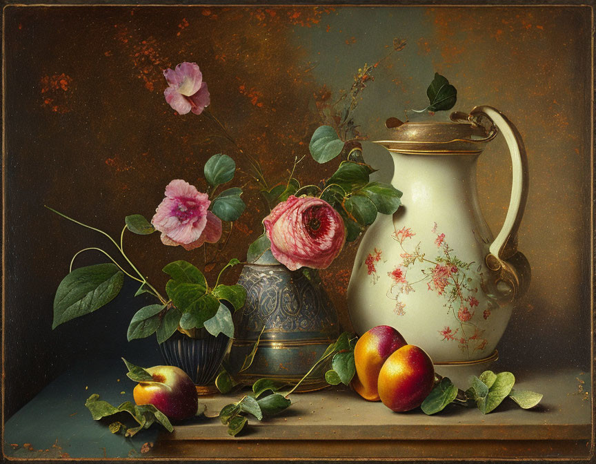 Classic Still Life with Pitcher, Cup, Flowers, and Fruit on Textured Background