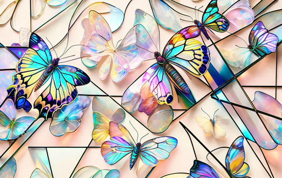 Vibrant butterfly illustrations with translucent patterns on light pink background