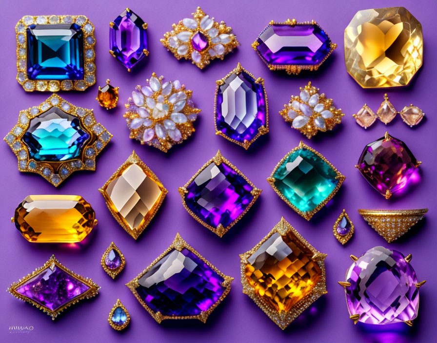 Vibrant Gemstone Jewelry on Purple Background