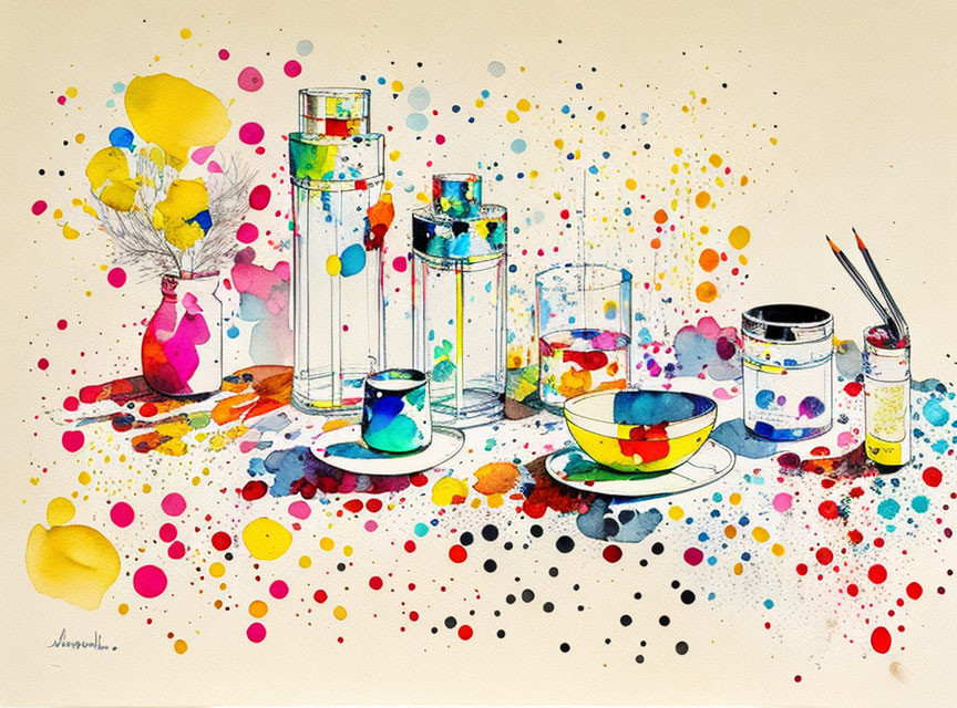 Colorful Watercolor Painting of Laboratory Glassware and Paintbrushes