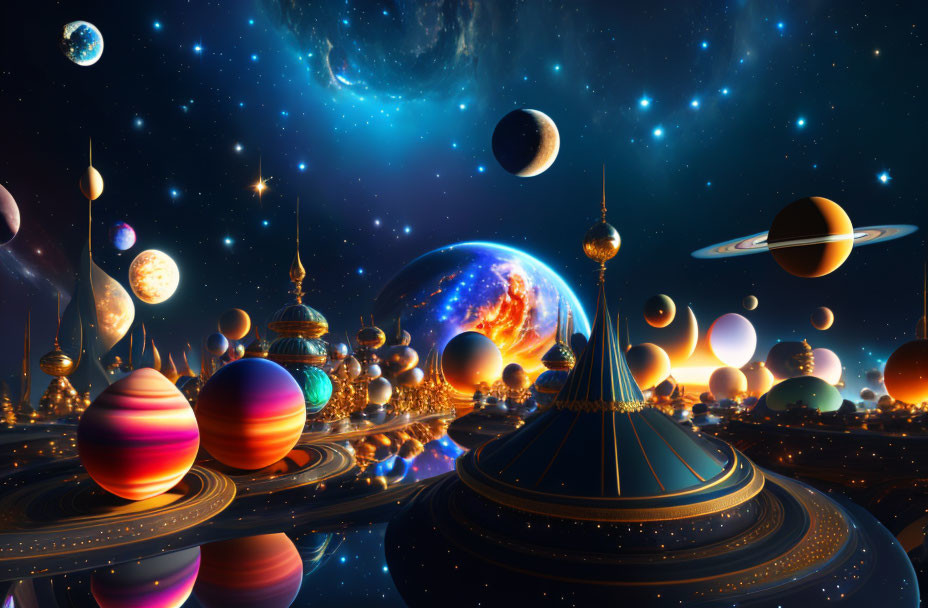 Colorful cosmic scene with planets, stars, ornate structures, and walkways in space.