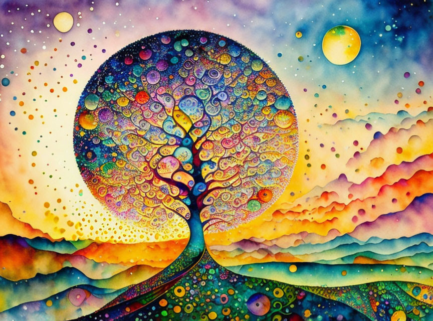 Colorful Whimsical Tree Painting with Multi-Colored Skies and Sun/Moon Orbs