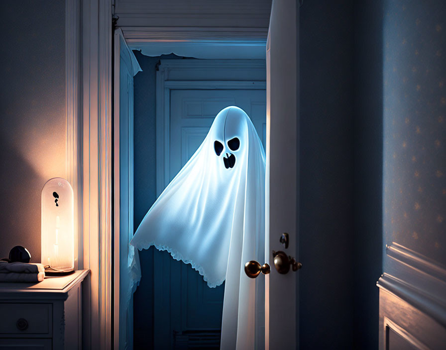 Ghostly figure with eye cutouts in dimly lit bedroom doorway