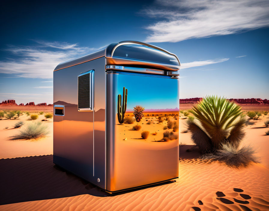 Retro-style fridge in desert landscape with cacti and sand dunes