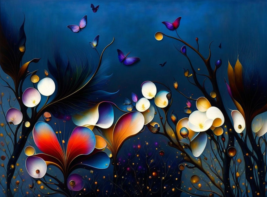 Colorful digital artwork: butterflies, glowing flowers, orbs on dark blue.