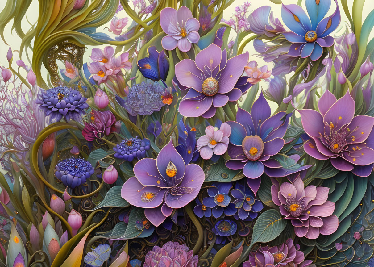 Detailed Purple and Pink Flower Illustration with Fantasy Theme