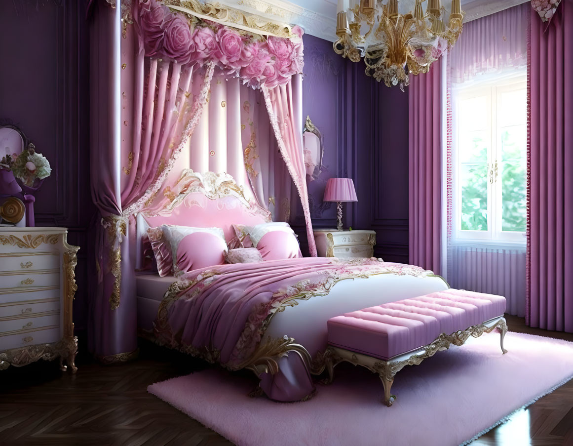 Opulent gold and pink bed in luxurious bedroom with chandelier and greenery view