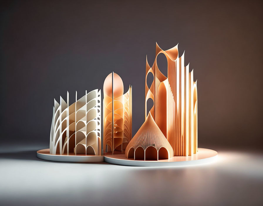 Intricate paper art display of arched cityscape on neutral background