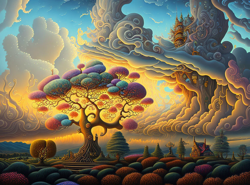 Vibrant tree and ornate buildings in fantastical landscape