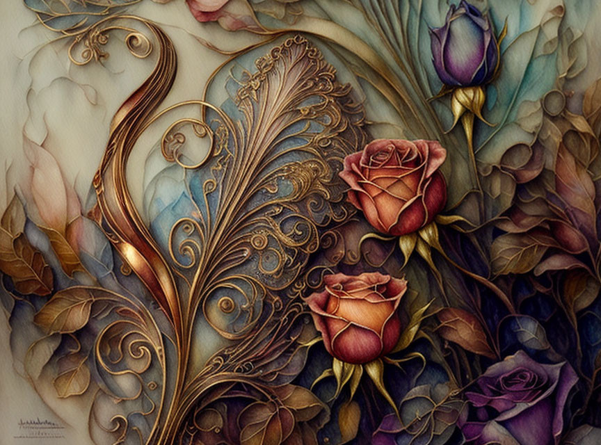 Detailed swirling patterns with purple and red roses on an earthy backdrop