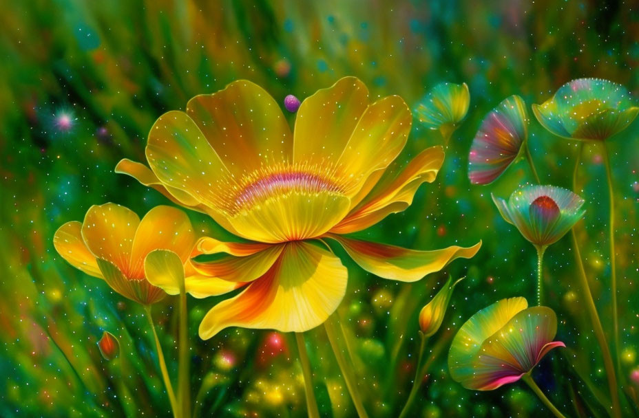 Colorful digital artwork of yellow and green flowers on a shimmering, fantasy background.